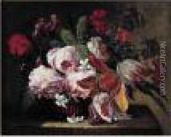 Nature Morte Au Panier De Fleurs Sur Un Entablement Oil Painting - Abraham Brueghel
