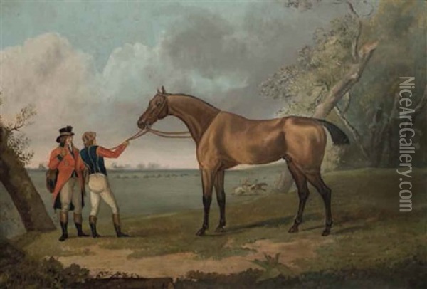 Escape, Cheval Du Prince De Galles, Tenu Par Son Jockey Et Un Lad Oil Painting - John Nost Sartorius