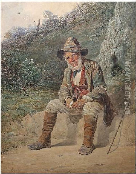 'a Quiet Pipe' - Old Man Resting By The Wayside Oil Painting - Joseph Barnes