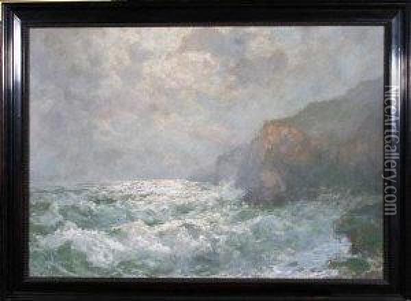 Waves Breaking Against Cliffs Oil Painting - John Falconar Slater