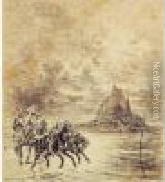 Chevaux Fuyant La Maree Au Mont Saint Michel, 1876. Oil Painting - John Lewis Brown