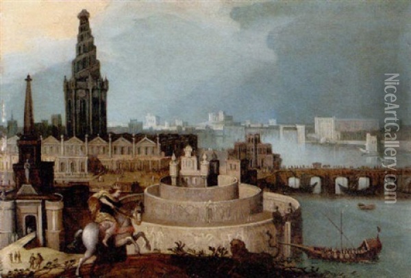 A Capriccio Of A Classical City By A River, With A Prince On Horseback Oil Painting - Louis de Caullery