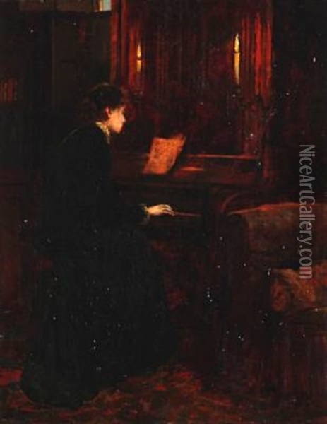 Interior With A Woman Playing The Piano Oil Painting - Charles Napier Kennedy