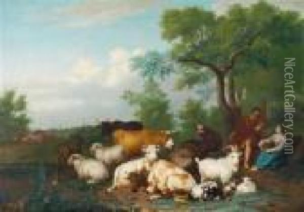 Hirtenpaar Mitkuhen In Einer Landschaft Oil Painting - Jan van Gool