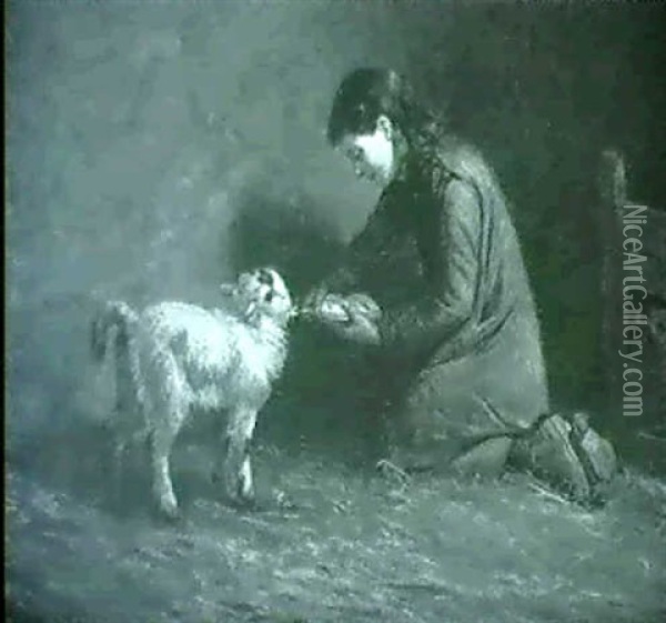 Feeding A Pet Lamb Oil Painting - William Grant Stevenson