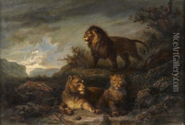 Une Famille De Lions Oil Painting - Alexandre Gabriel Decamps