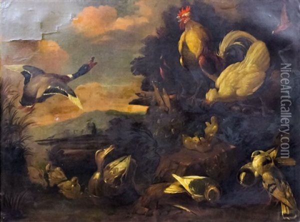 Study Of Ducks, Chickens And Pigeons In Landscape Oil Painting - Marmaduke Cradock