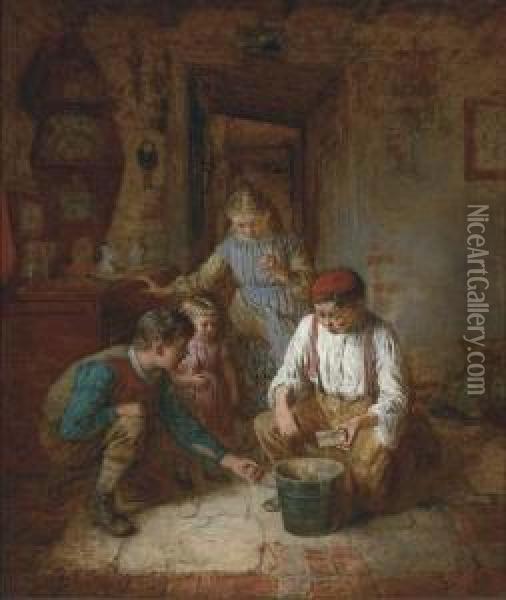 Children In A Cottage Interior Oil Painting - Robert W. Wright
