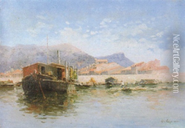 Barche A Riva Con Paese Sullo Sfondo Oil Painting - Alessandro la Volpe