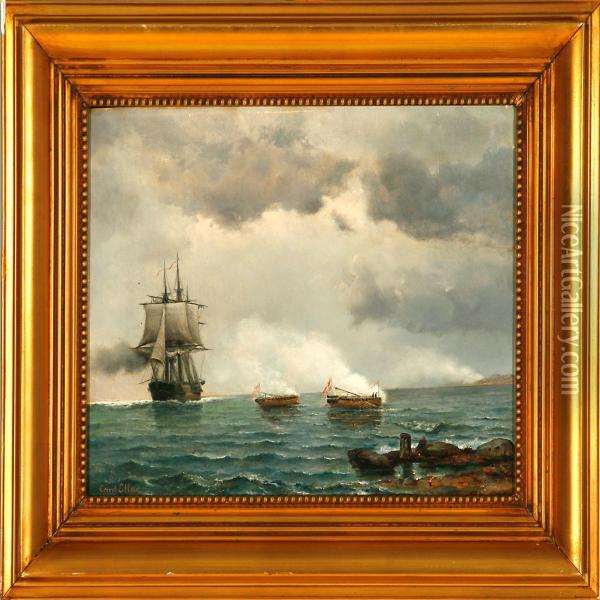 A Marine With A Ship Ofthe Line And Danish Canon Boats During The Napoleon Wars Oil Painting - Carit Etlar