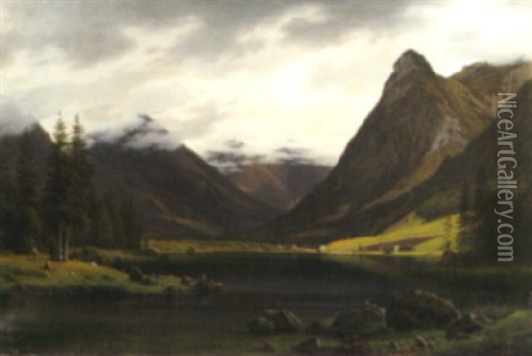 A View Of A Valley With Goats At The Edge Of A Lake And Houses In The Distance Oil Painting - Frederik Christian Jacobsen Kiaerskou