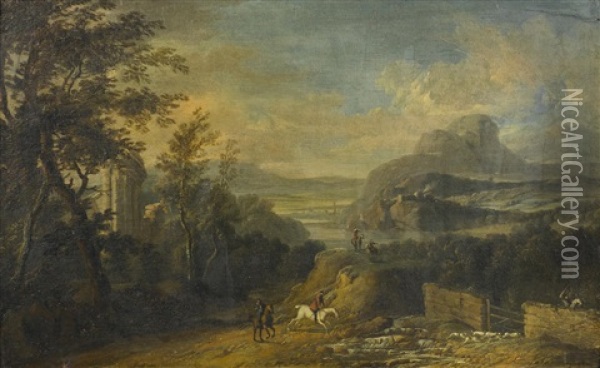 An Extensive Landscape With Mounted Figures And Hounds Hunting In The Foreground Oil Painting - Willem van der Hagen