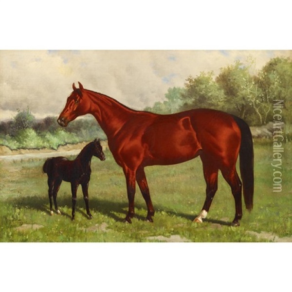 Mare And Foal Oil Painting - Henry Stull