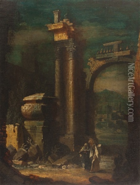 Architectural Capricio With Classical Ruins And A Sarcophagus Oil Painting - Leonardo Coccorante
