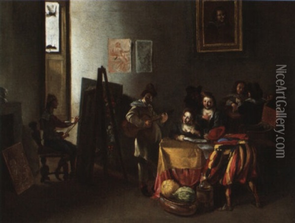 Le Peintre Dans Son Atelier Peignant Une Scene De Genre Oil Painting - Michelangelo Cerquozzi