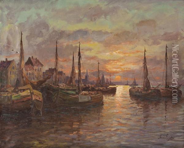 Sonnenuntergang Am Fischerhafen Oil Painting - Josef Dederichs