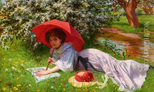 Der Rote Sonnenschirm Oil Painting - W. Savage Cooper