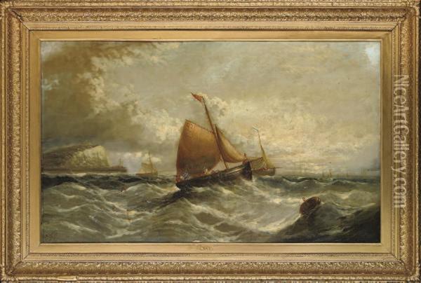 Fishing Boats Riding The Swell And Hauling In Their Nets, In The Channel Off Dover Oil Painting - A. Robins