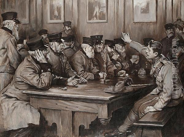 Chelsea Pensioners In Discussion, Thought To Be During The Boer War Oil Painting - Lance Calkin