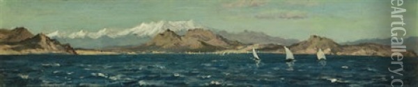 The Gulf Of Rosas With Cape Entrada On The Left And Cape Begin On The Right, The Pyrenees In The Distance Oil Painting - Henry Moore