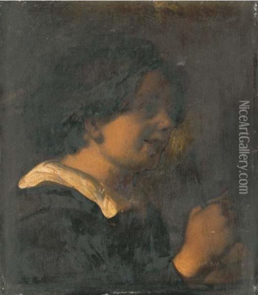 A Young Boy, Bust-length, Playing A Rommelpot Oil Painting - Jan Lievens