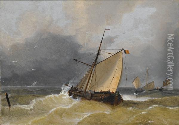 A Belgian Tjalk Running Out To Sea Against Thetide Oil Painting - Louis Verboeckhoven