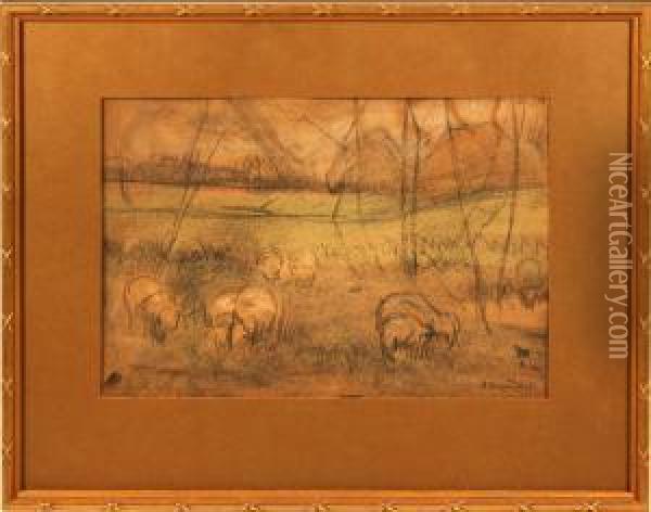 Sheep Grazing Oil Painting - Bryan A. Wall