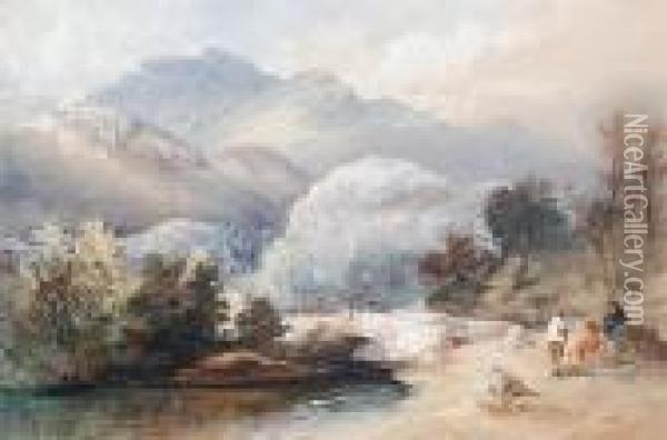 Figures On A Bridge, Mountains Beyond Oil Painting - Thomas Miles Richardson