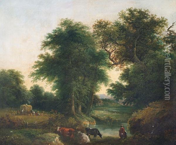 Woodland Stream With Cattle Watering, And Haymakers In Field Beyond Oil Painting - Thomas Barker of Bath