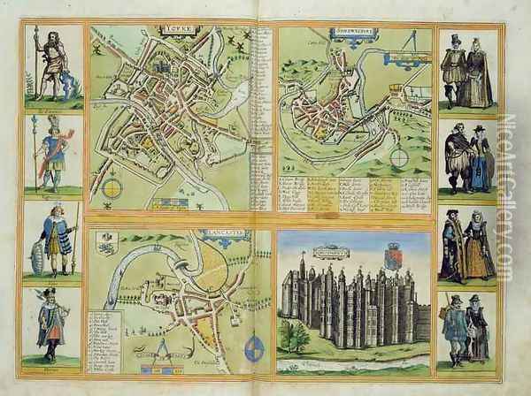Maps of York Shrewsbury Lancaster and Richmond from Civitates Orbis Terrarum Oil Painting - Joris Hoefnagel