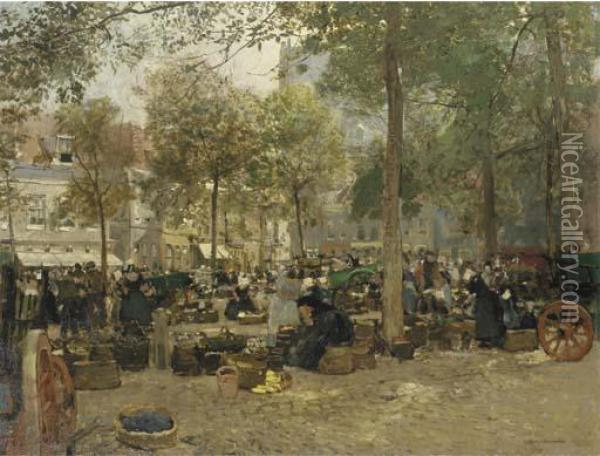 Markt In Vlissingen: A Busy Market Oil Painting - Hans Hermann