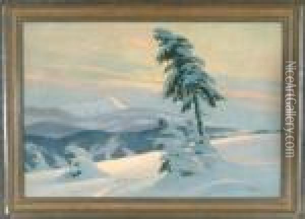 Blick Auf Die Schneekoppe In Abendlicher Winterlandschaft Oil Painting - Anders Anderson-Lundby