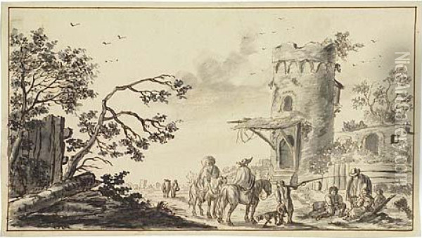 Landscape With Figures Resting Near A Tower Oil Painting - Aernout Ter Himpel
