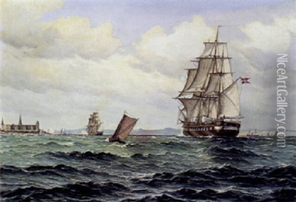 Orlogsskibe Passerer Kronborg Pa Vej Gennem Oresund Oil Painting - Vilhelm Victor Bille