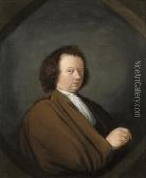 Portrait Of A Gentleman, Half-length, In A Brown Cloak, In Asculpted Niche Oil Painting - Cornelis Dusart