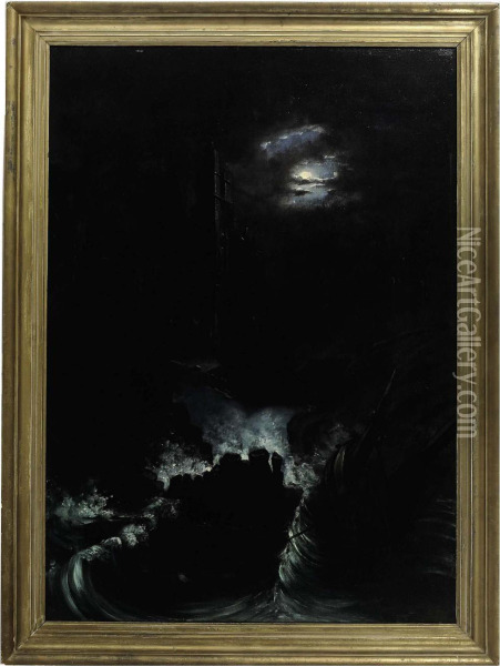 A Shipwreck By A Ruin Under The Moonlight Oil Painting - William Frefichs
