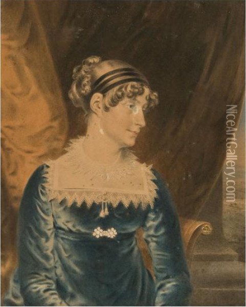 Portrait Of Mrs. Braddyll Wearing A Blue Dress Oil Painting - John Downman
