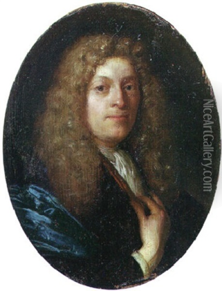 Portrait Of A Gentleman In A Blue Gown, With A Full-bottomed Wig Oil Painting - Carel de Moor