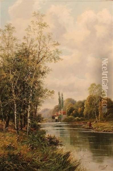 River Landscape With A Watermill In The Background Oil Painting - Octavius Thomas Clark