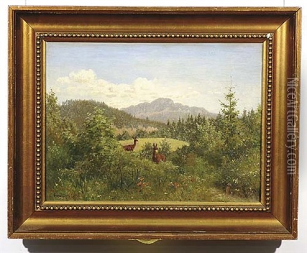 Deer In A Wooded Foothill Landscape Oil Painting - Carl Henrik Bogh
