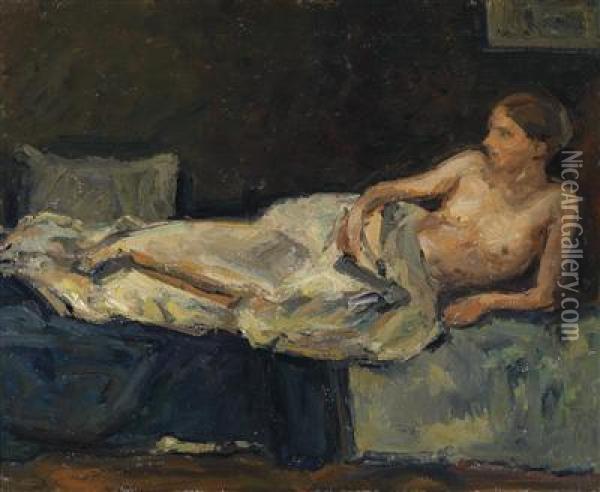 Reclining Half Nude Figure Oil Painting - Adolf Hoelzel