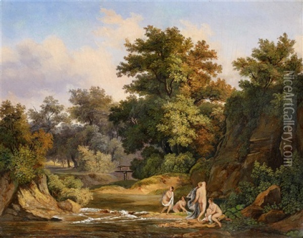 Nymphs Bathing In A Wooded Landscape Oil Painting - Karoly Marko the Elder