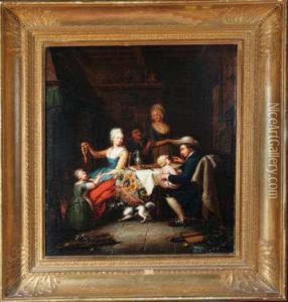 A Portrait Of A Family Seated About A Table At A Fireside Oil Painting - Gerard, Louis Fr. Van Der Puyl