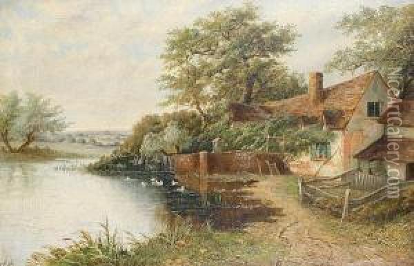 A Riverside Cottage Oil Painting - Octavius Thomas Clark