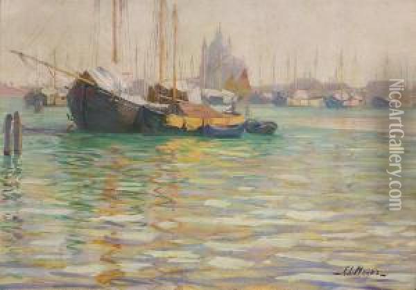 Moored Boats - Venice Oil Painting - George Loftus Noyes