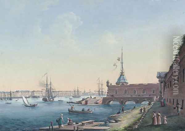 View of the Peter-Paul Fortress and Palace Embankment, St Petersburg Oil Painting - Russian School
