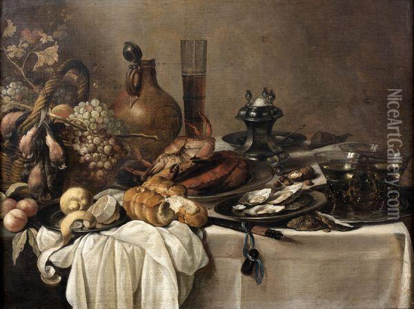 Nature Morte Aux Tourteaux, Pichet Et Verre De Biere. Oil Painting - Pieter Claesz.