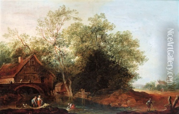 Wascherinnen Vor Einem Bauernhaus Im Walde An Einem Bach Oil Painting - Christian Hilfgott Brand