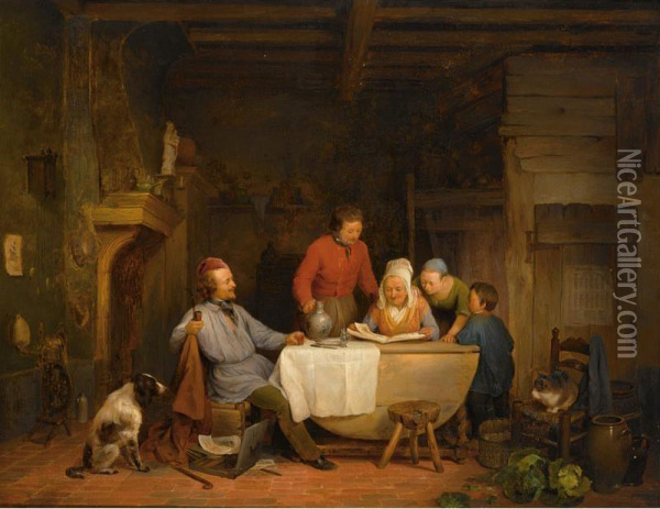 A Family In A Kitchen Interior Oil Painting - Frans Ant., Francois De Bruycker