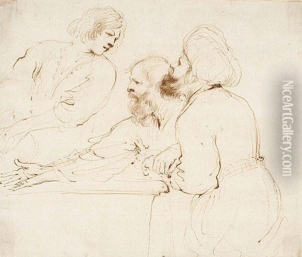 Three Half-length Figures: A Seated Oriental, Another Male Figure And A Youth Oil Painting - Guercino